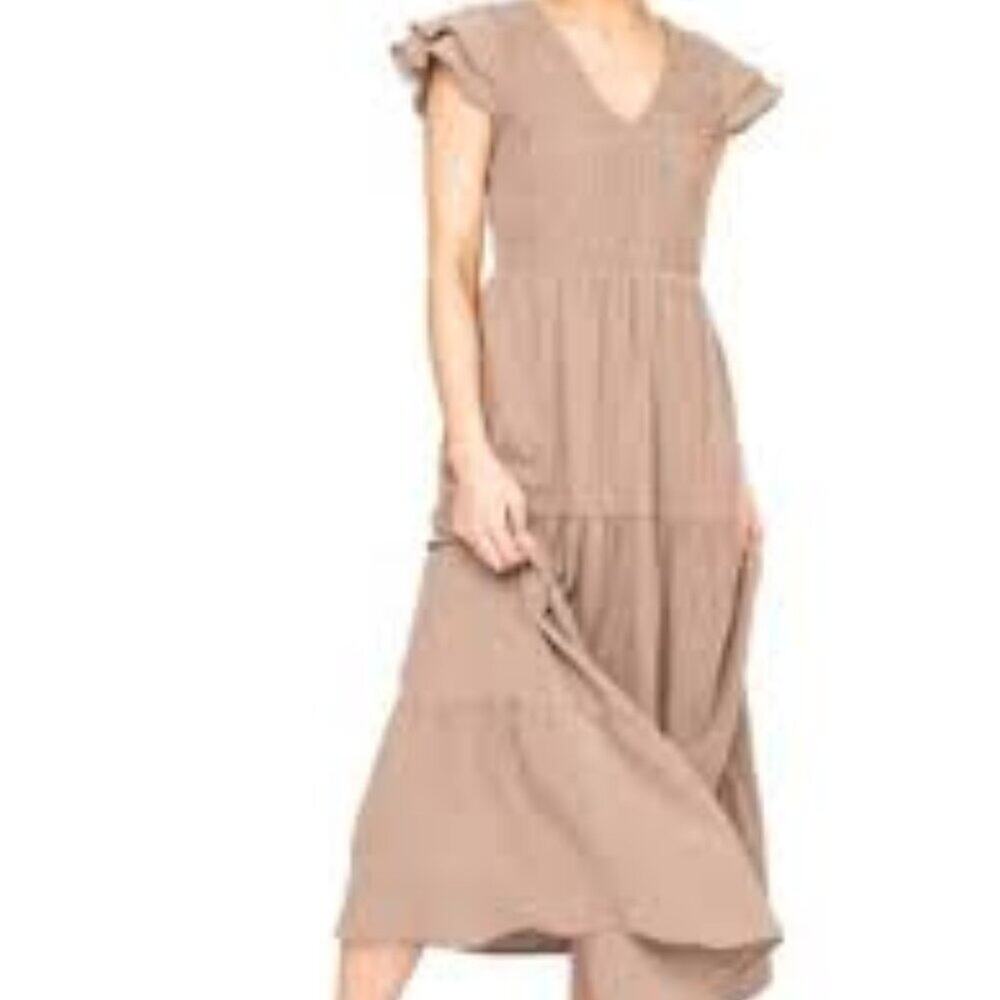 Gibsonlook Cottagecore Flutter Sleeve Smocked V Neck Women's S Brown Maxi Dress